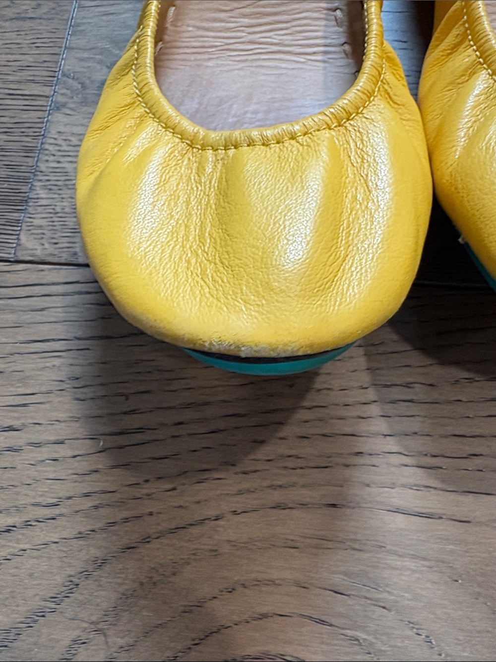 Tieks Yellow Leather Ballet Flats with Teal Accent - Picture 4 of 6